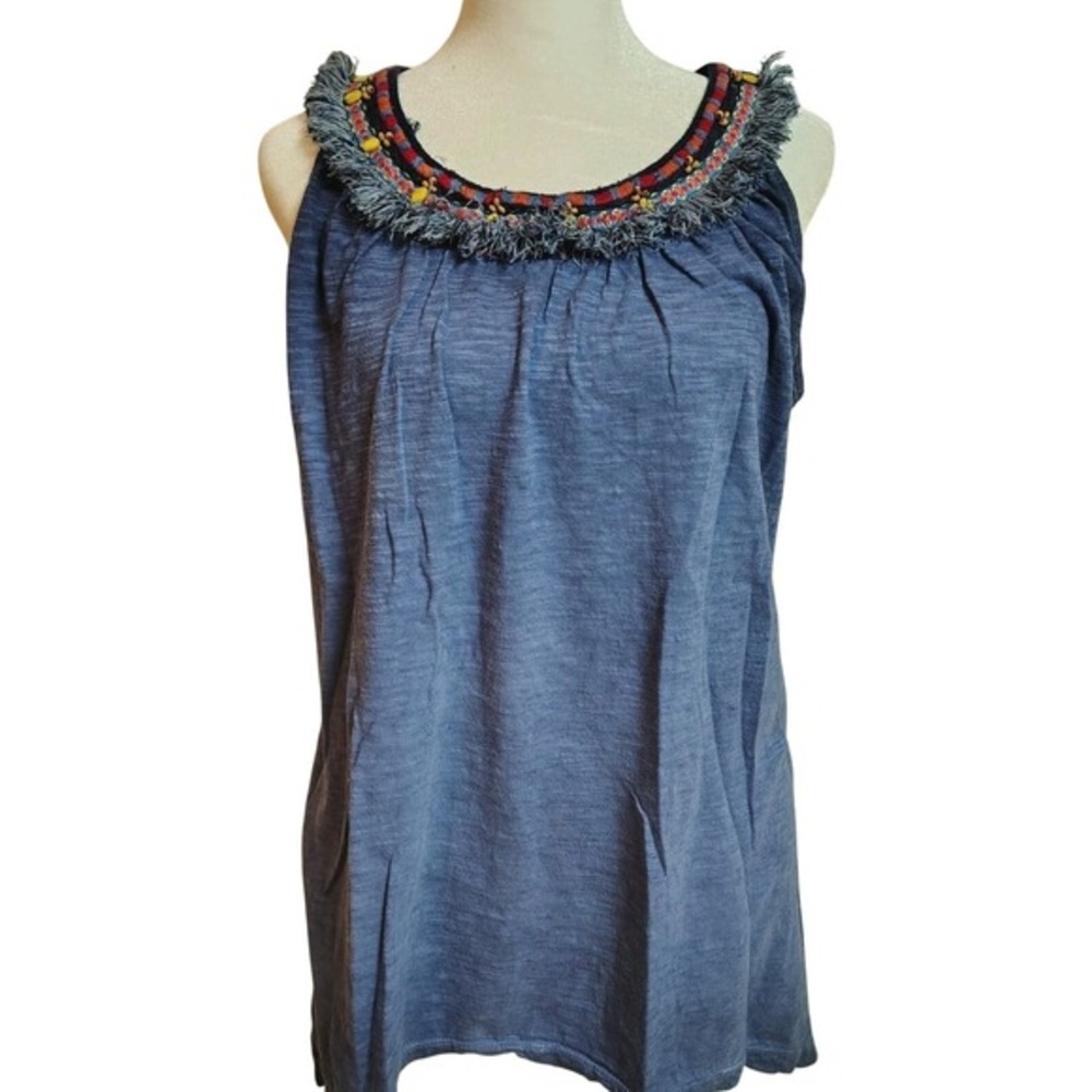 New Directions Blouse‎ Womens Size Large Blue Sleeveless Embellished Neck Aztec